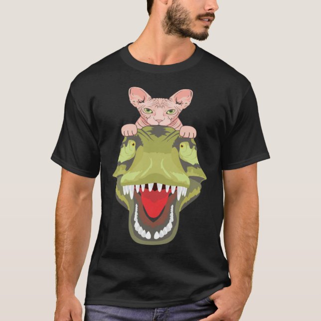 Sphynx Riding A T-Rex Dinosaur Hairless Cat Lover T-Shirt (Vorderseite)