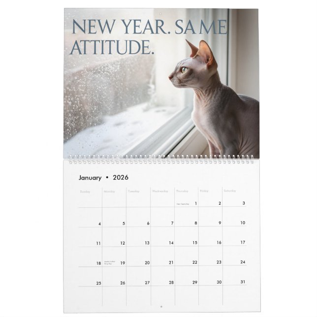 Sphynx Speaks: Editable Monthly Cat Humor Art Kalender (Jan 2026)