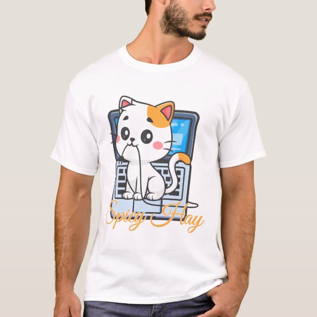 Spicy Hay Funny Cat Biting Cord Kawaii Art T-Shirt (Vorderseite)