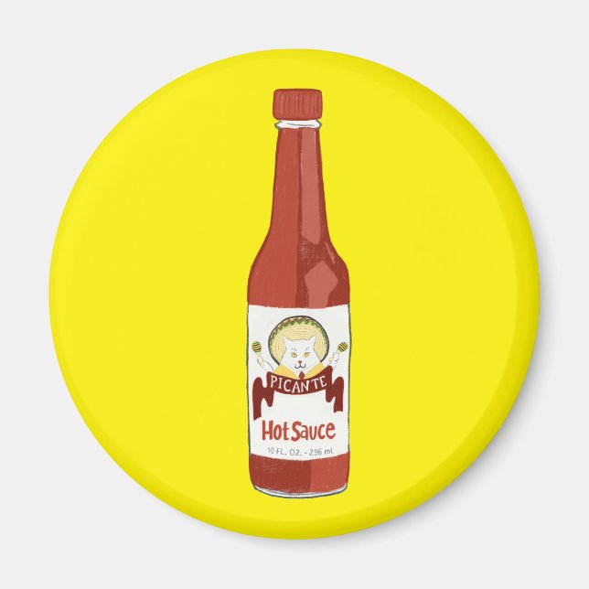 Spicy Hot Sauce Cat Sombrero Spaß auf Gelb Magnet (Vorne)