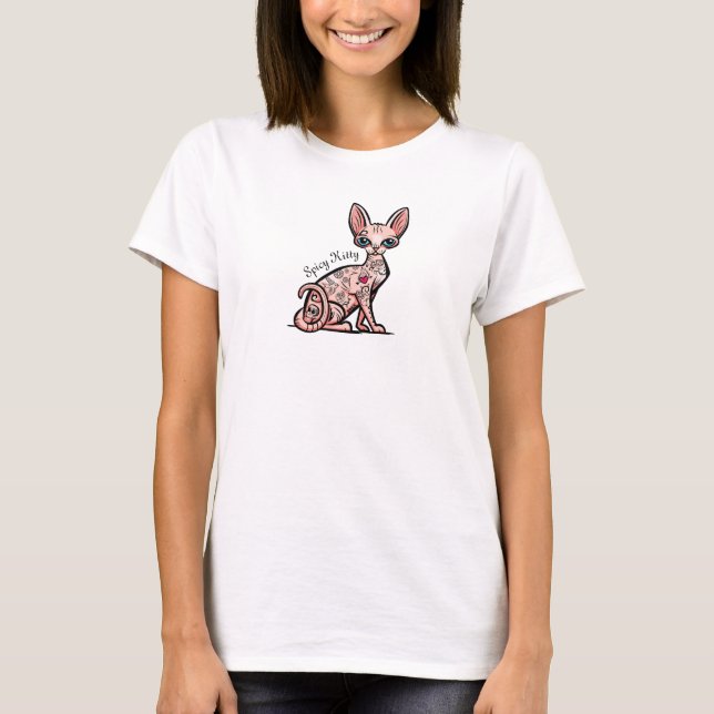 Spicy Kitty Tattooed Cat T-Shirt (Vorderseite)