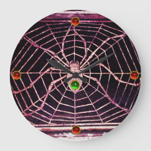 SPIDER AND WEB Red Ruby ,Green Emerald Gems Black Große Wanduhr