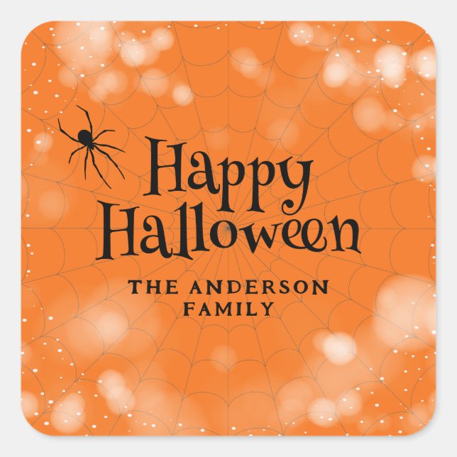 Spider Cobweb Happy Halloween Quadratischer Aufkleber (Vorderseite)