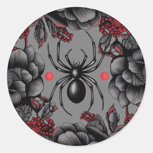 Spider Floral Design Gotischer Stil Runder Aufkleber (Vorderseite)