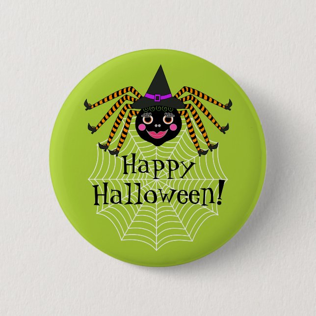 Spider Hexe Happy Halloween Button (Vorderseite)