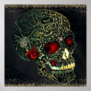 Spider Skull & Rose Glam Gothic Filigree Poster