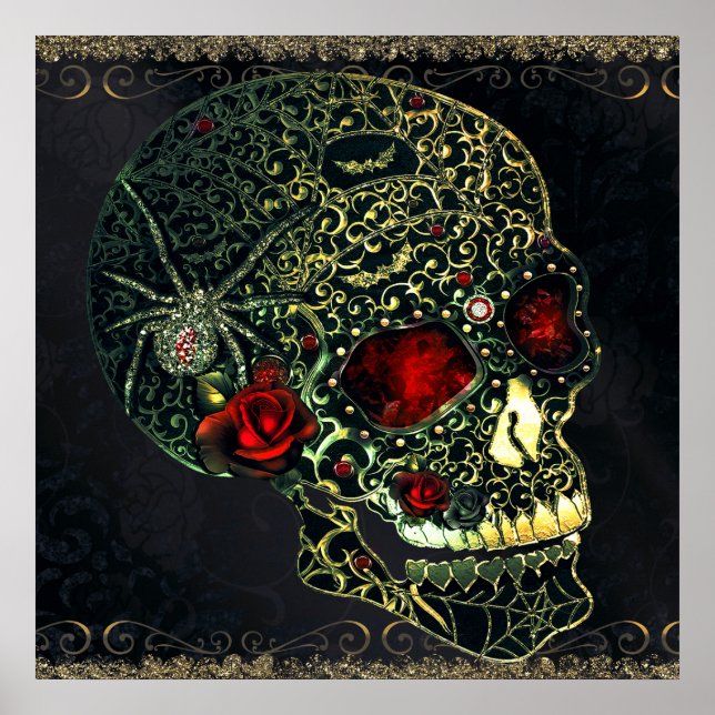 Spider Skull & Rose Glam Gothic Filigree Poster (Vorne)