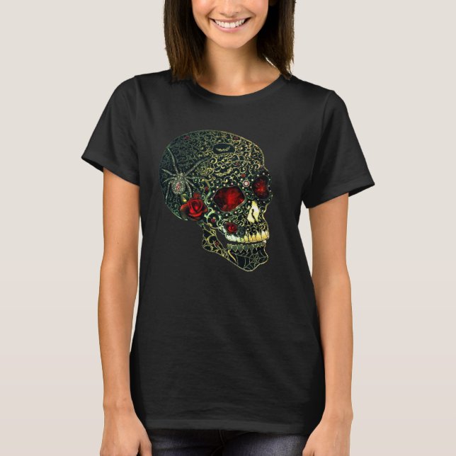 Spider Skull & Rose Glam Gothic Filigree T-Shirt (Vorderseite)