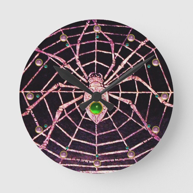 SPIDER UND WEB Red Ruby , Green Emerald Gemis Blac Runde Wanduhr (Vorderseite)