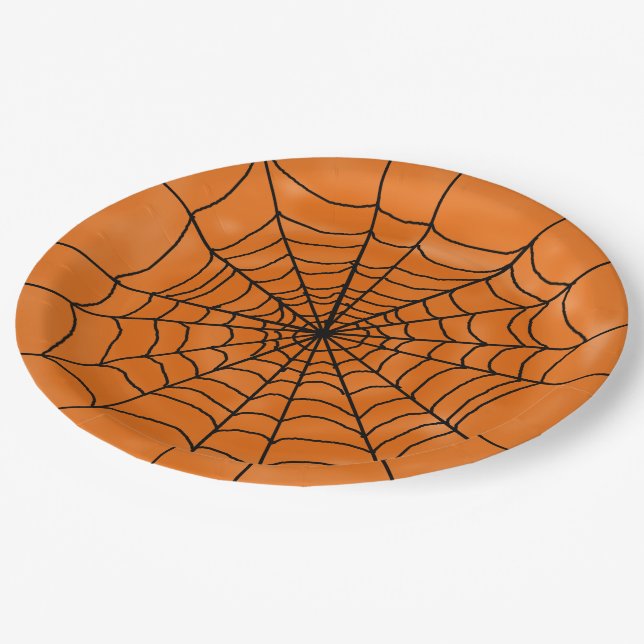 Spider Web auf Orange Halloween Pappteller (Schrägansicht)