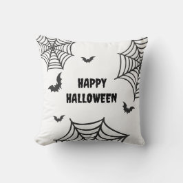 Spider Web Bat Black and White Happy Halloween Kissen