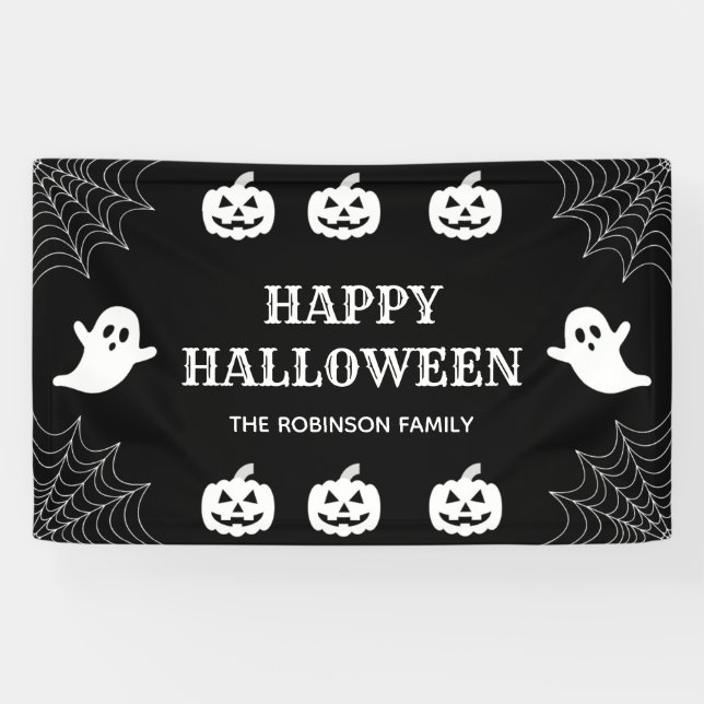 Spider Web Custom Black & White Happy Halloween Banner (Horizontal)