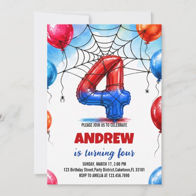 Spider Web Held Spiderman Rot Blau Ballon Geburtst Einladung (Vorderseite)