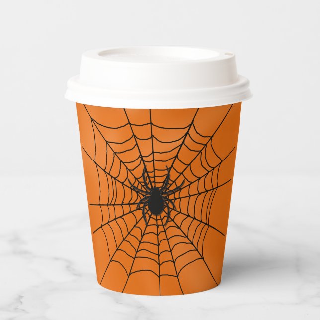 Spider Web mit Spider auf Orange Halloween Paper C Pappbecher (Vorderseite)
