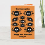 Spiders Birthday Halloween Granddaughter Karte<br><div class="desc">A personalized spider granddaughter birthday Halloween card featuring a bunch of creepy crawly spiders. You can easily personalize the front of this spider halloween birthday granddaughter card with their age and name. Inside reads a spooktacular message, which you can keep or edit wanted. The back of the kid's birthday halloween...</div>