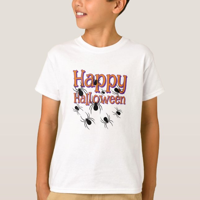 Spiders Happy Halloween Black and Orange T-Shirt (Vorderseite)