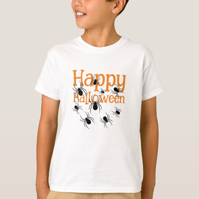 Spiders Happy Halloween Black and Orange T-Shirt (Vorderseite)