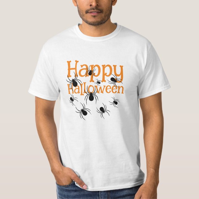 Spiders Happy Halloween Black and Orange T-Shirt (Vorderseite)