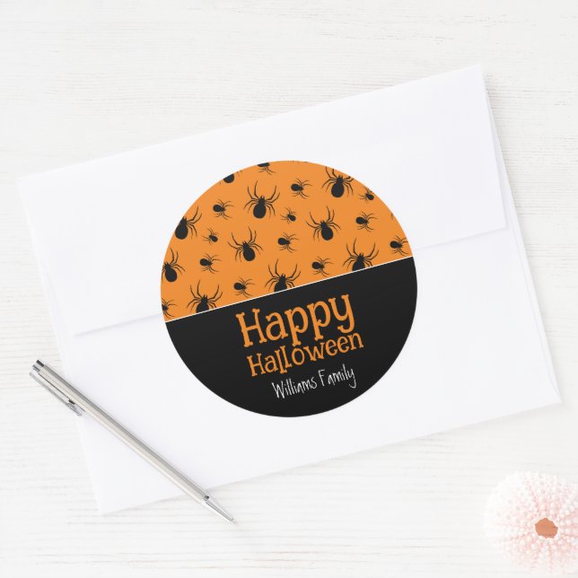 Spiders Happy Halloween Black Orange Custom Runder Aufkleber (Umschlag)