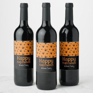 Spiders Happy Halloween Black Orange Custom Weinetikett