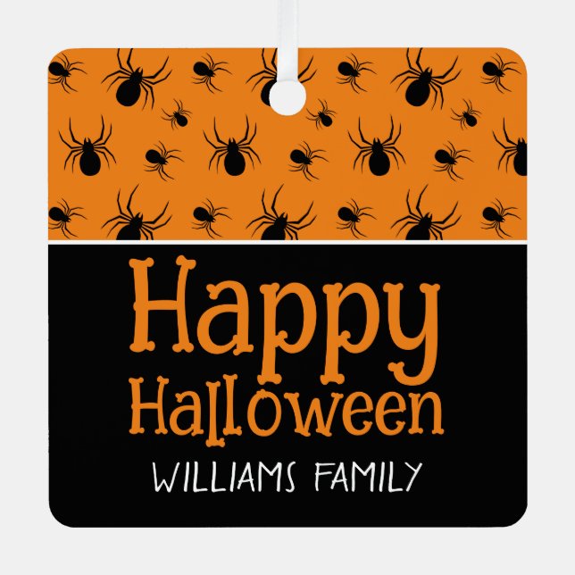 Spiders Happy Halloween Black Orange Individuelle  Ornament Aus Metall (Vorderseite)