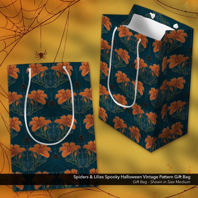 Spiders & Lilies Spooky Halloween Vintages Muster Mittlere Geschenktüte (Spiders & Lilies Spooky Halloween Vintage Pattern Gift Bag)