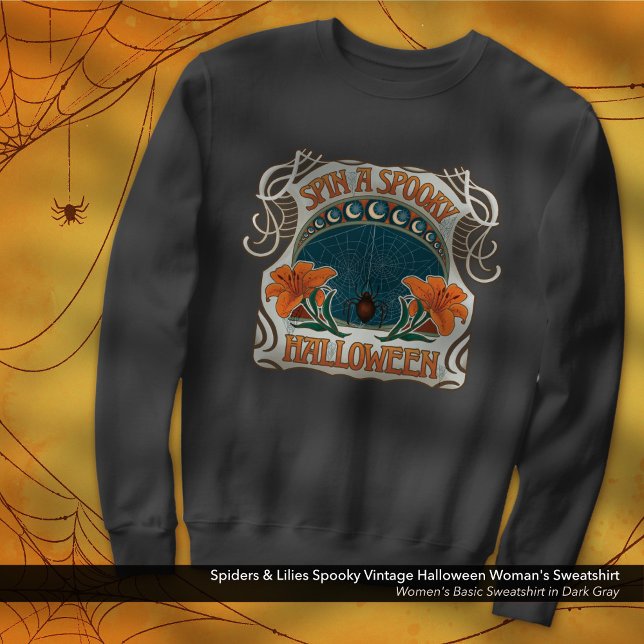 Spiders & Lilies Spooky Vintage Halloween-Frau Sweatshirt (Spiders & Lilies Spooky Halloween Vintage Woman's Sweatshirt: Shown in Dark Gray)