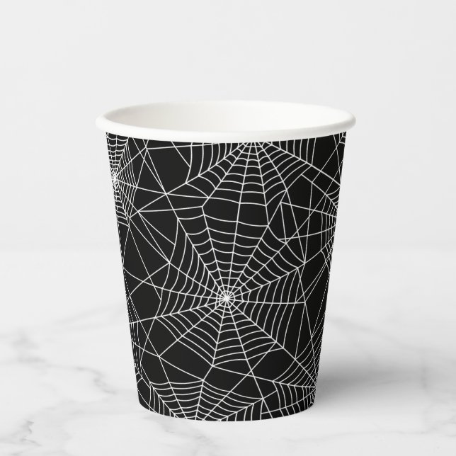 Spiderweb Black and White Halloween Pappbecher (Vorderseite)