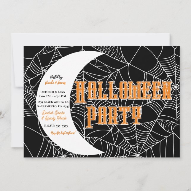 Spiderweb Crescent Moon Halloween Party Einladung (Vorderseite)