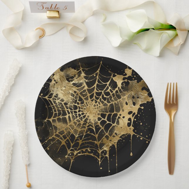 Spiderweb Elegance | Creepy Beautiful Gold Cobweb Pappteller (Hochzeit)
