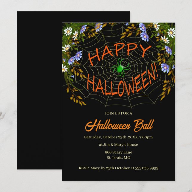 Spiderweb floral Halloween-Party Einladung (Vorne/Hinten)