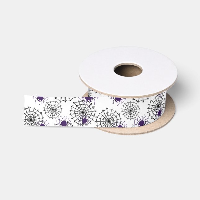 Spiderweb & Lila Spiders Halloween White Pattern Satinband (Spule)