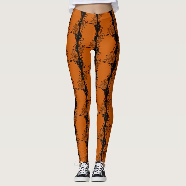 Spiderweb Ornament Orange Black halloween Leggings (Vorderseite)