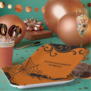 Spiderweb Ornament Orange Black halloween Pappteller