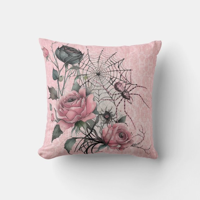 Spiderweb Rose | Rosa Damask Gothisches Halloween Kissen (Vorderseite)