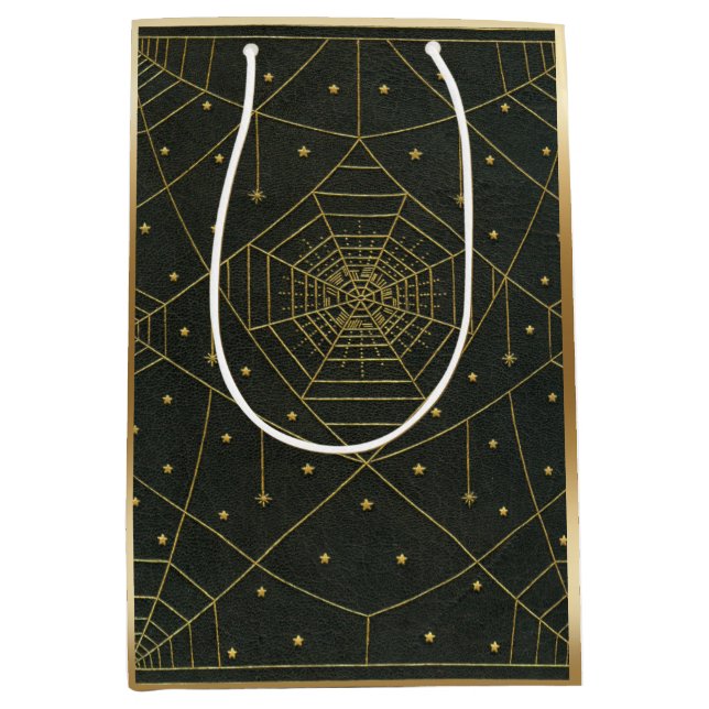 Spiderweb spinnen und Sterne schwarz und gold Mittlere Geschenktüte (Vorderseite)