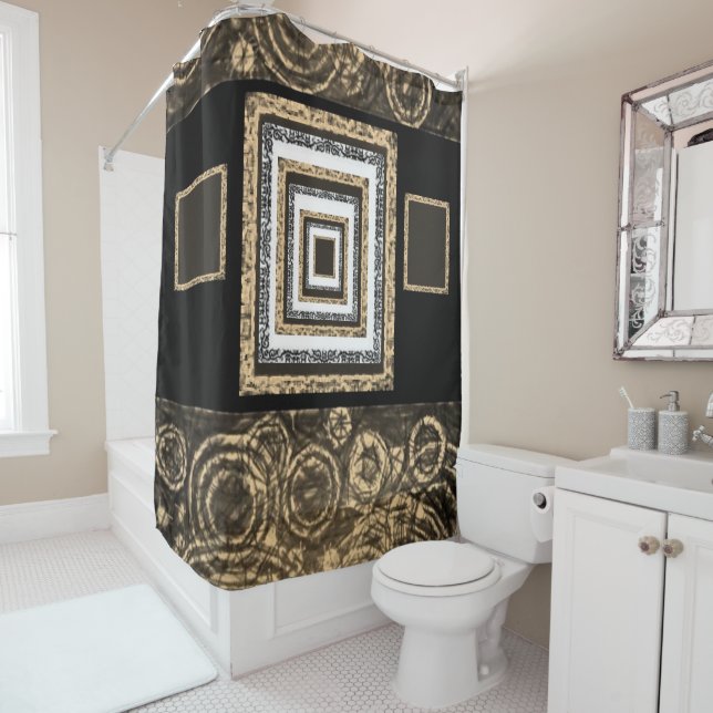 Spiegel, schwarz tannenfarbener Duschvorhang (Beispiel)