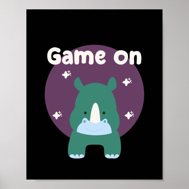 Spiel auf Kawaii lustiges Baby-Rhino in blauer Far Poster (Vorne)