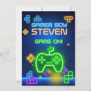 Spiel auf Neon-Grün, Blau, Gelb Gamer-Einladung Einladung
