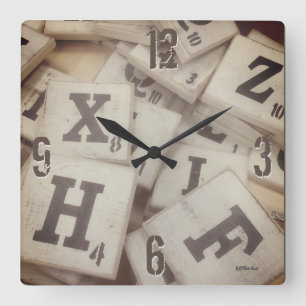 Spiel Buchstaben Kacheln Fotografie Quadratische Wanduhr