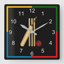 Spiel mit Cricket, Wicket, Bat und Ball Quadratische Wanduhr