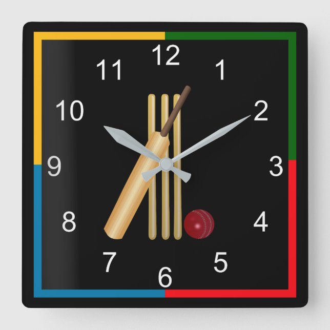 Spiel mit Cricket, Wicket, Bat und Ball Quadratische Wanduhr (Vorderseite)