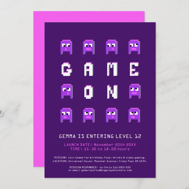 Spiel mit lila Girls - Geburtstagsparty Einladung (Vorne/Hinten)