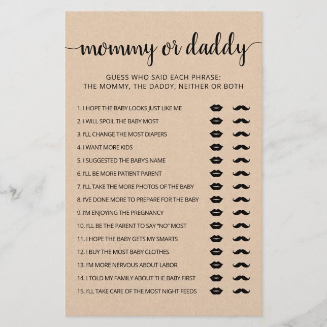 Spiel "Mommy" oder "Daddy" Baby Shower Party Game  (Vorderseite)