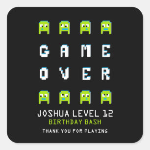 Spiel über Pixelmonster-Außerirdische-Party danken Quadratischer Aufkleber