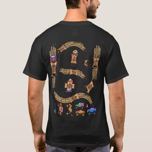 Spielen Sie Monster-Trucks auf dem Rücken-Mat-Road T-Shirt (Rückseite)