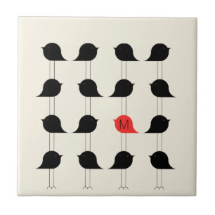 Spielend Modernes Schwarzes Rotes Vogelmuster Mono Fliese