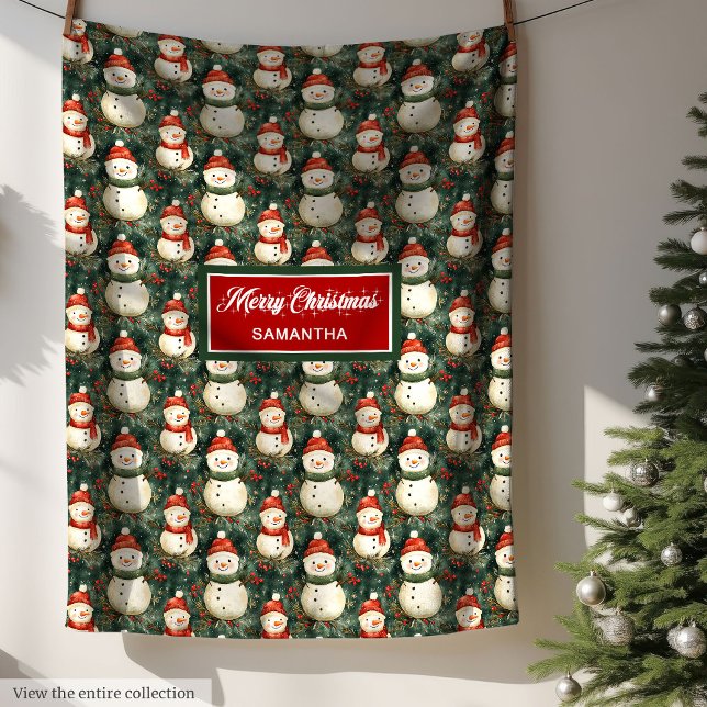 Spielend Wasserfarbe Schneemann Deep Sage Green Re Fleecedecke (Playful Watercolor Snowman Deep Sage Green Red Fleece Blanket)