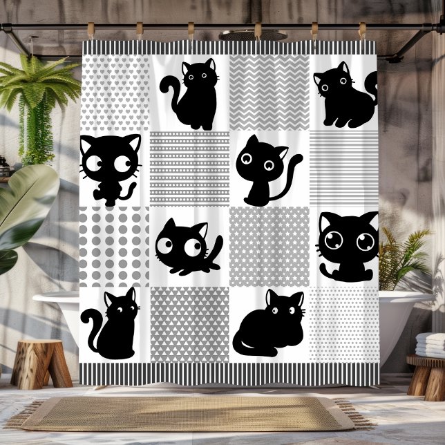 Spielende Black Cat Silhouetten Duschvorhang (Playful Black Cat Silhouettes Shower Curtain )