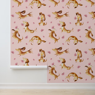 Spielende Dackel Welpen Hunde Pink Coral Floral Tapete